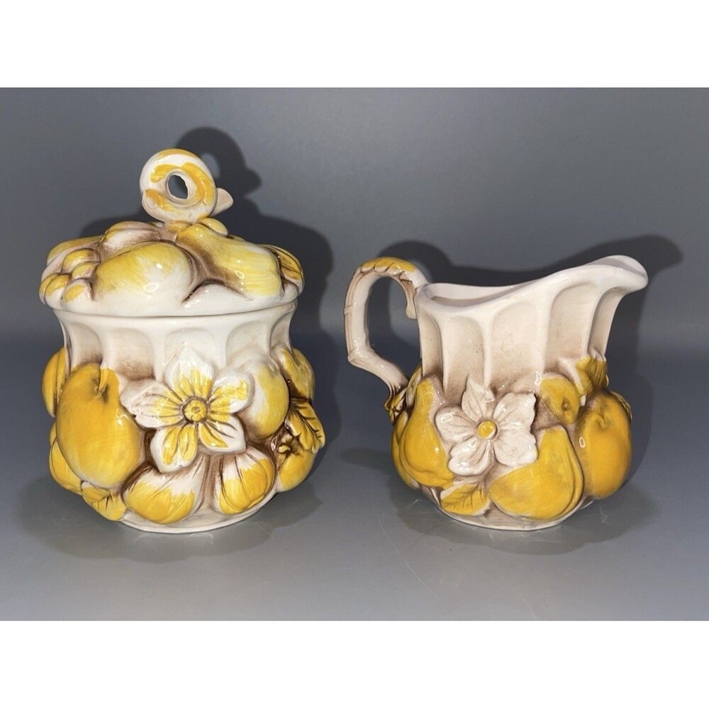 VTG 70s Inarco Japan 3D Fruit Sugar Creamer Set w Lid Yellow Daisy Pear Country